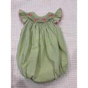 Southern Sunshine Flamingo smocked gingham seersucker romper 24 months green